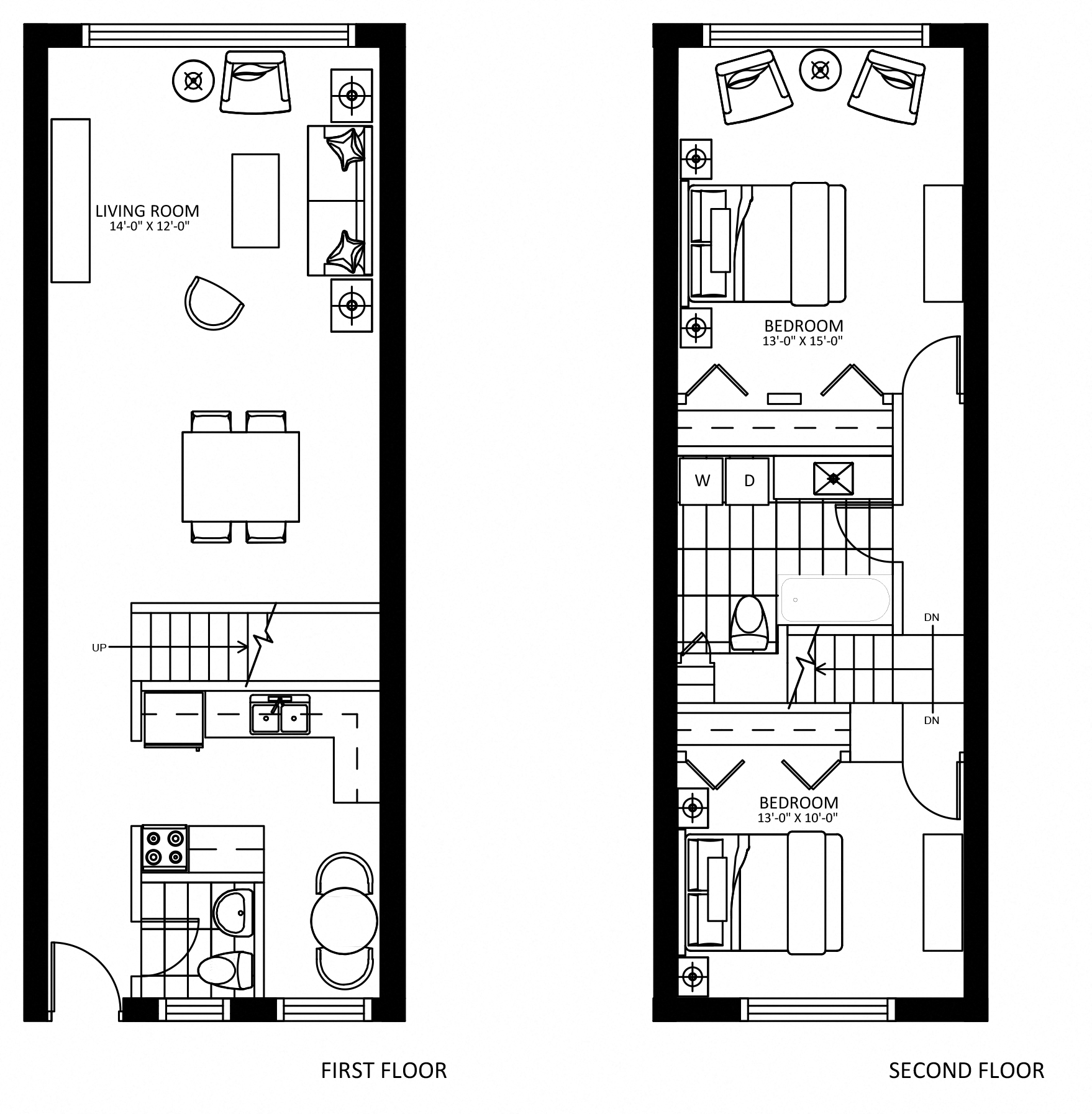 Floor plan for 2 beds, 1.5 baths, 1064 sqft